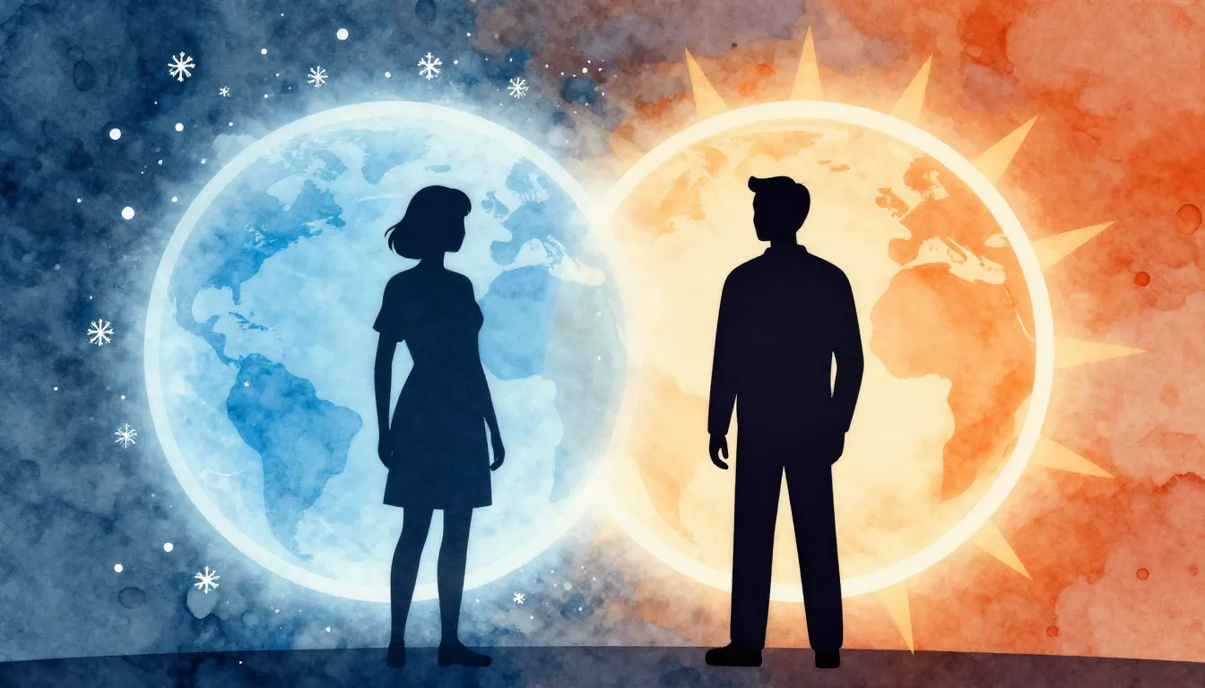 Watercolor style. Two dark silhouettes standing on opposite ...