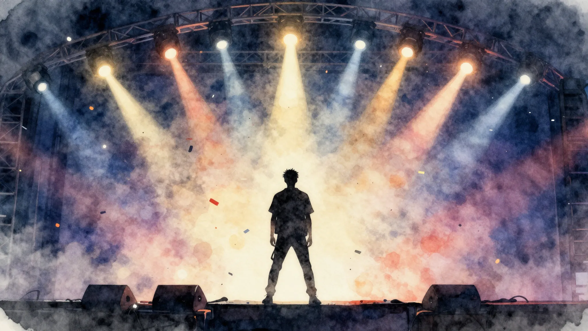 Watercolor style. Silhouette of a man on a stage with bright...