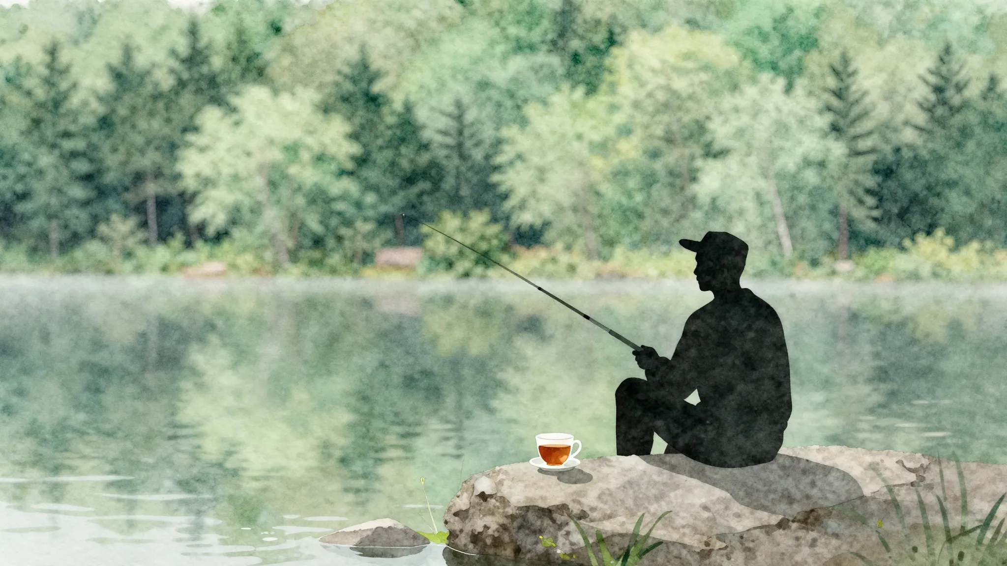 Watercolor style. Minimalist silhouette of a fisherman by a ...