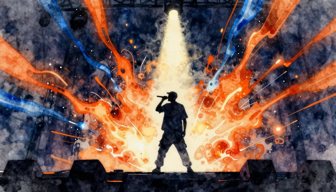 Watercolor style. A lone silhouette of a rapper on a dark st...