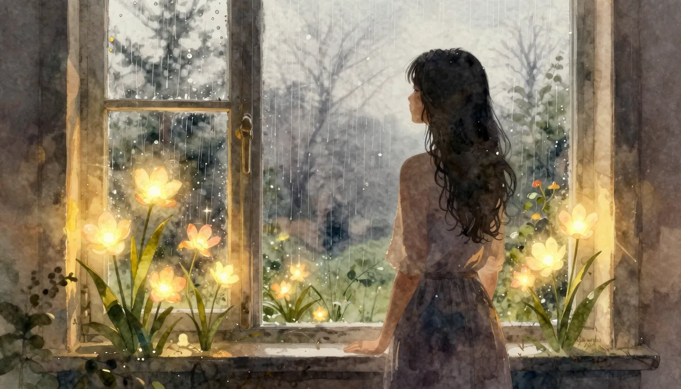 Watercolor style. Silhouette of a woman standing by a window...