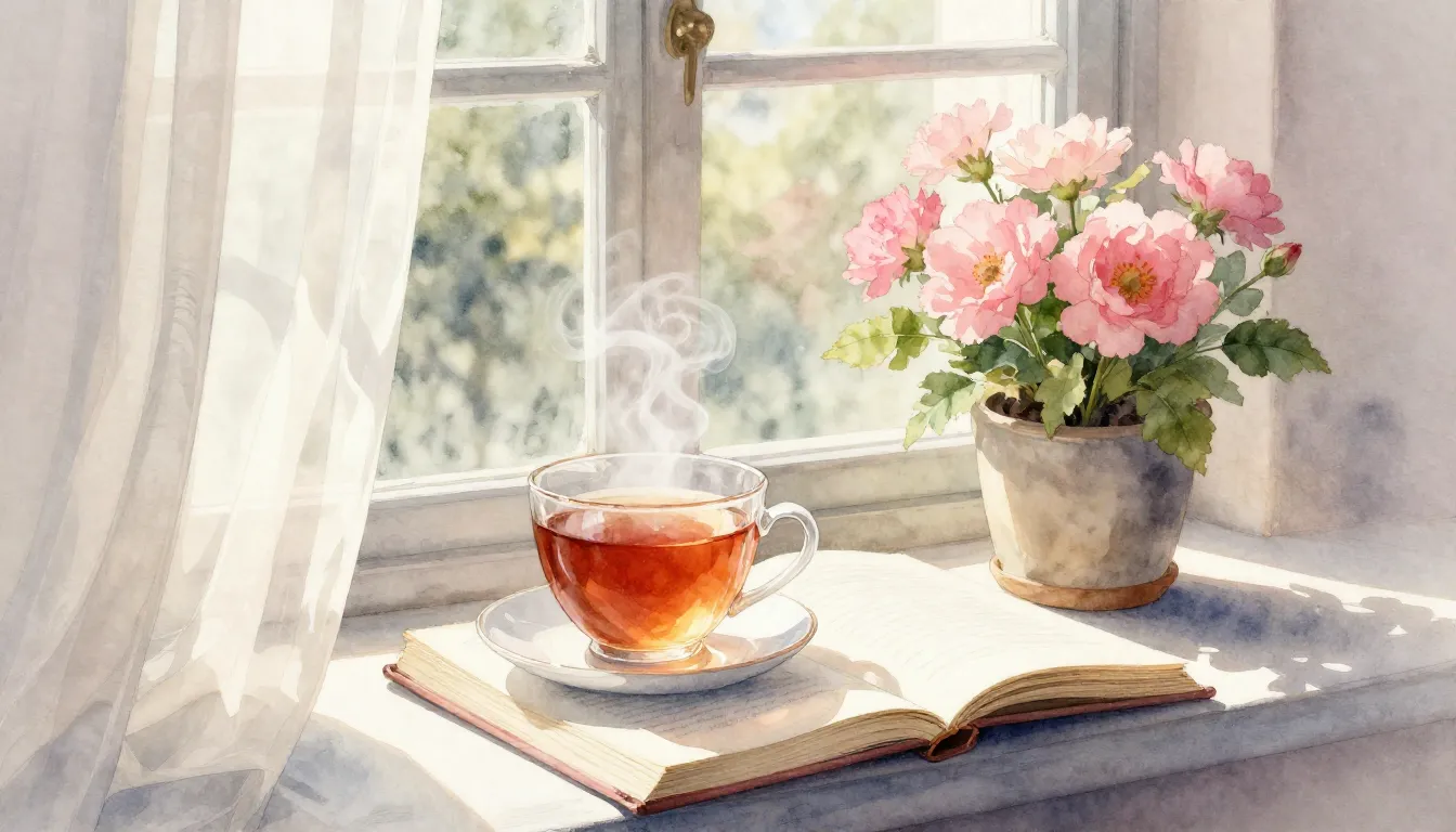 Watercolor style. A cozy morning scene on a windowsill, a st...