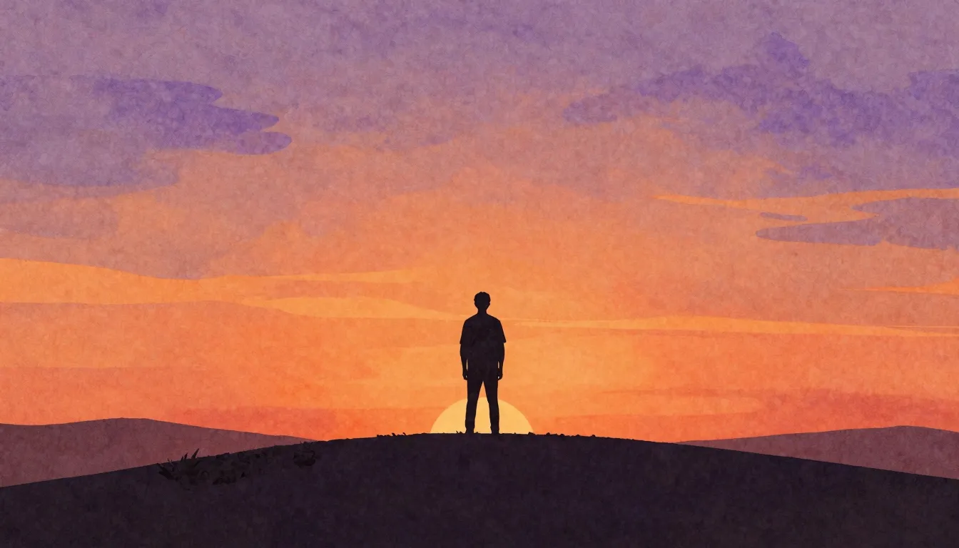 Watercolor style. A lone silhouette of a man standing on a h...