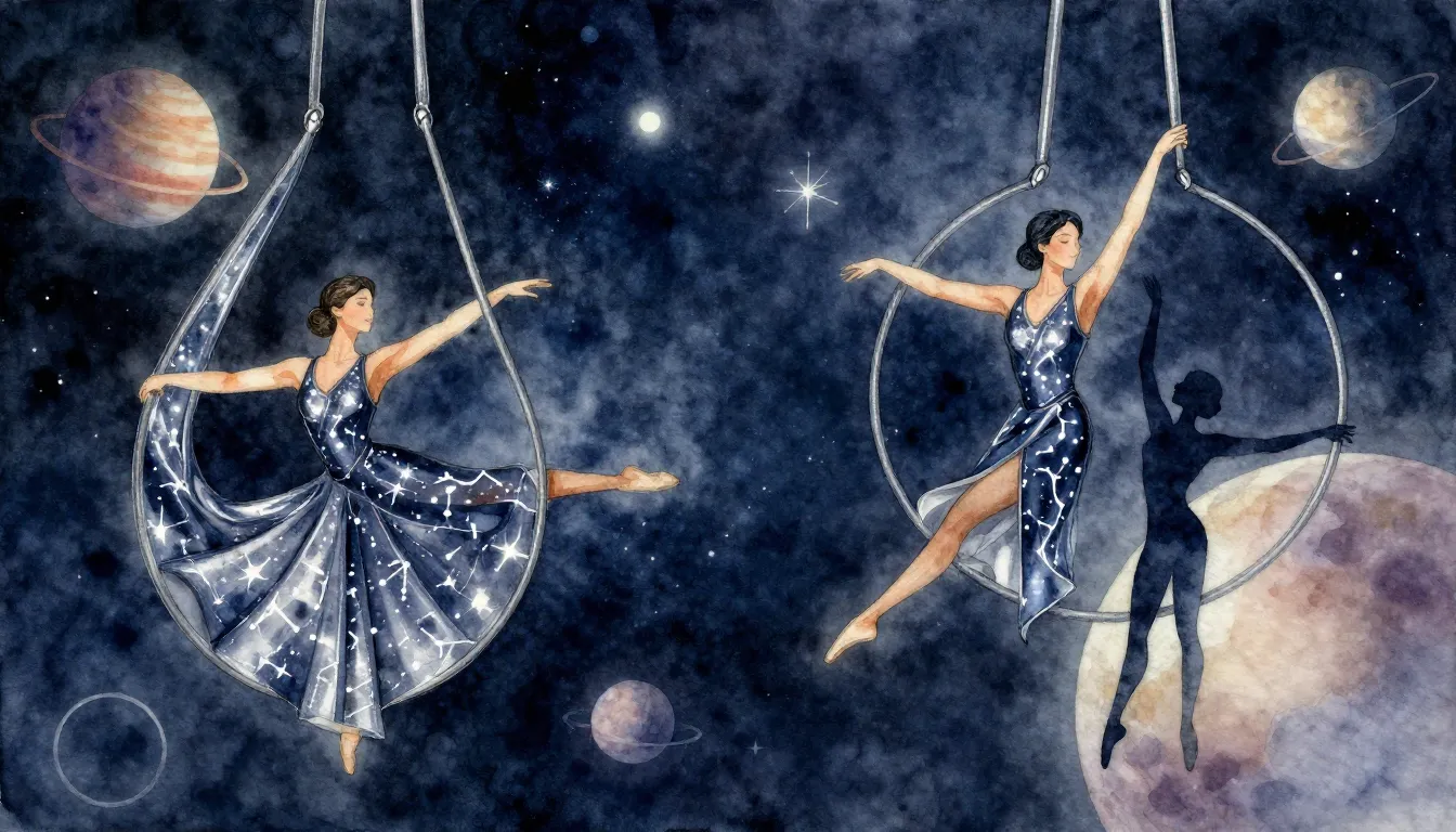 Watercolor style. Stylized costume sketches for an aerial du...