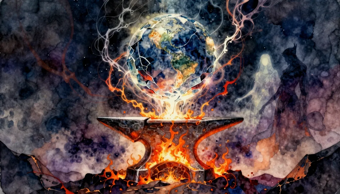 Vibrant watercolor style. Dark, epic metal album cover. A co...