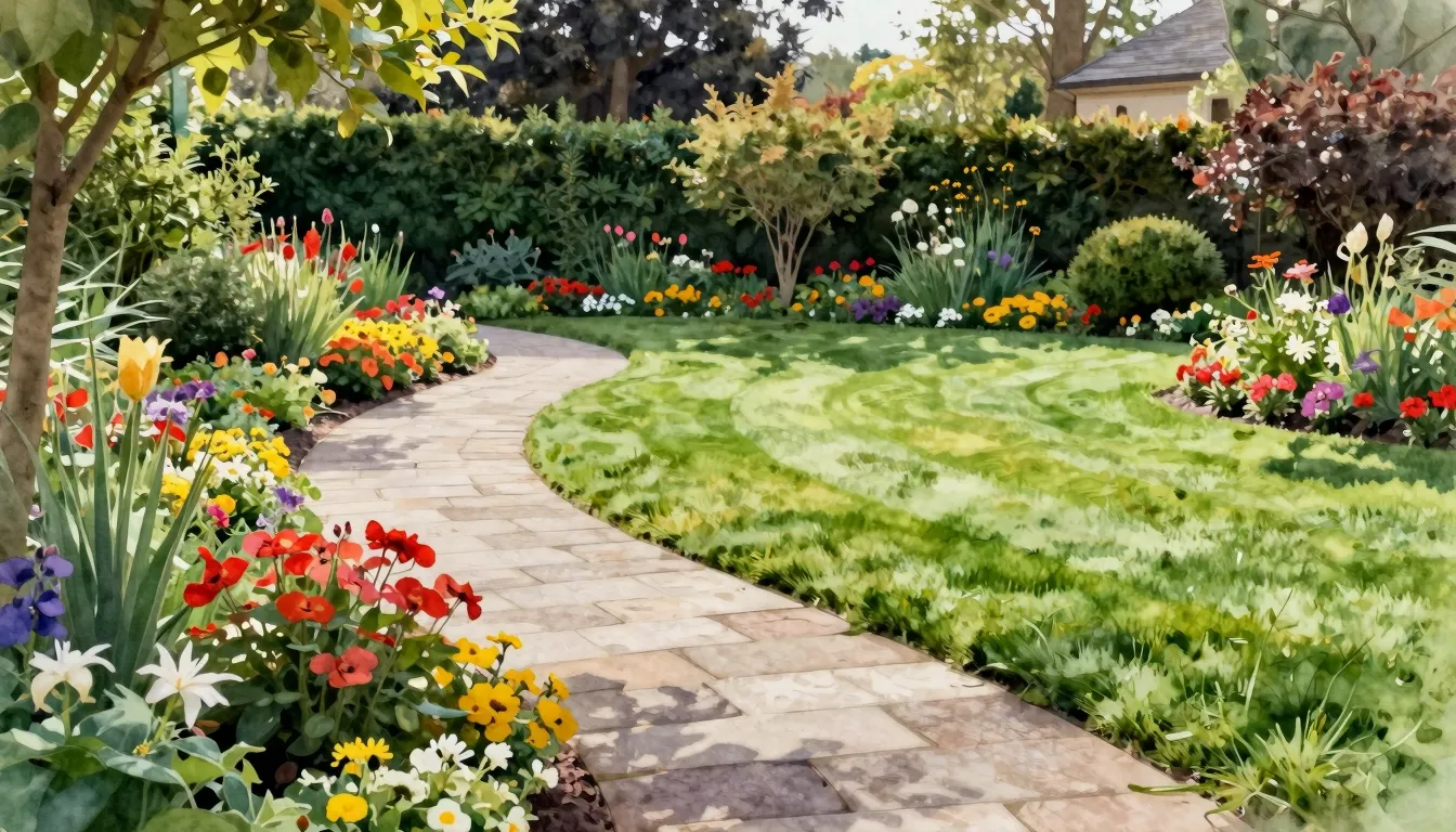 Watercolor style. A lush, professionally landscaped garden w...