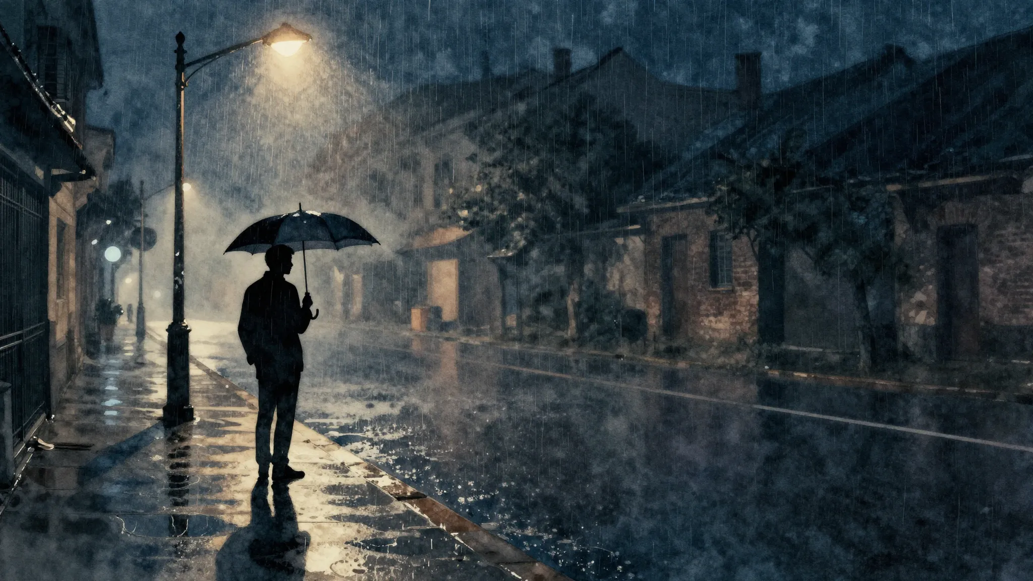 Watercolor style. A lonely silhouette of a man standing unde...