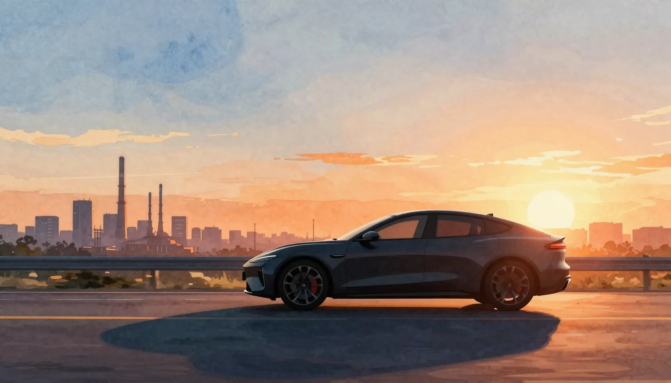 Watercolor style. A silhouette of a modern car driving on a ...