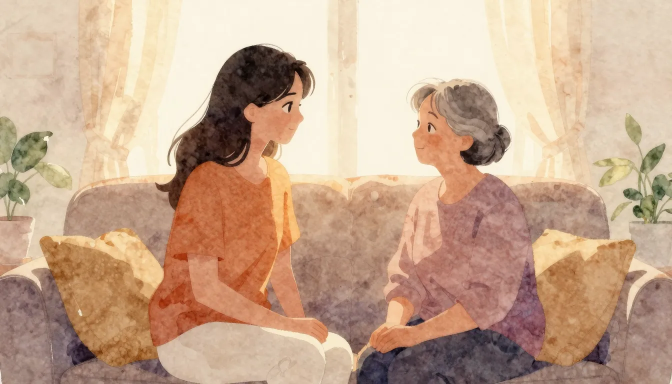 Watercolor style. Silhouette of a young woman and an older w...