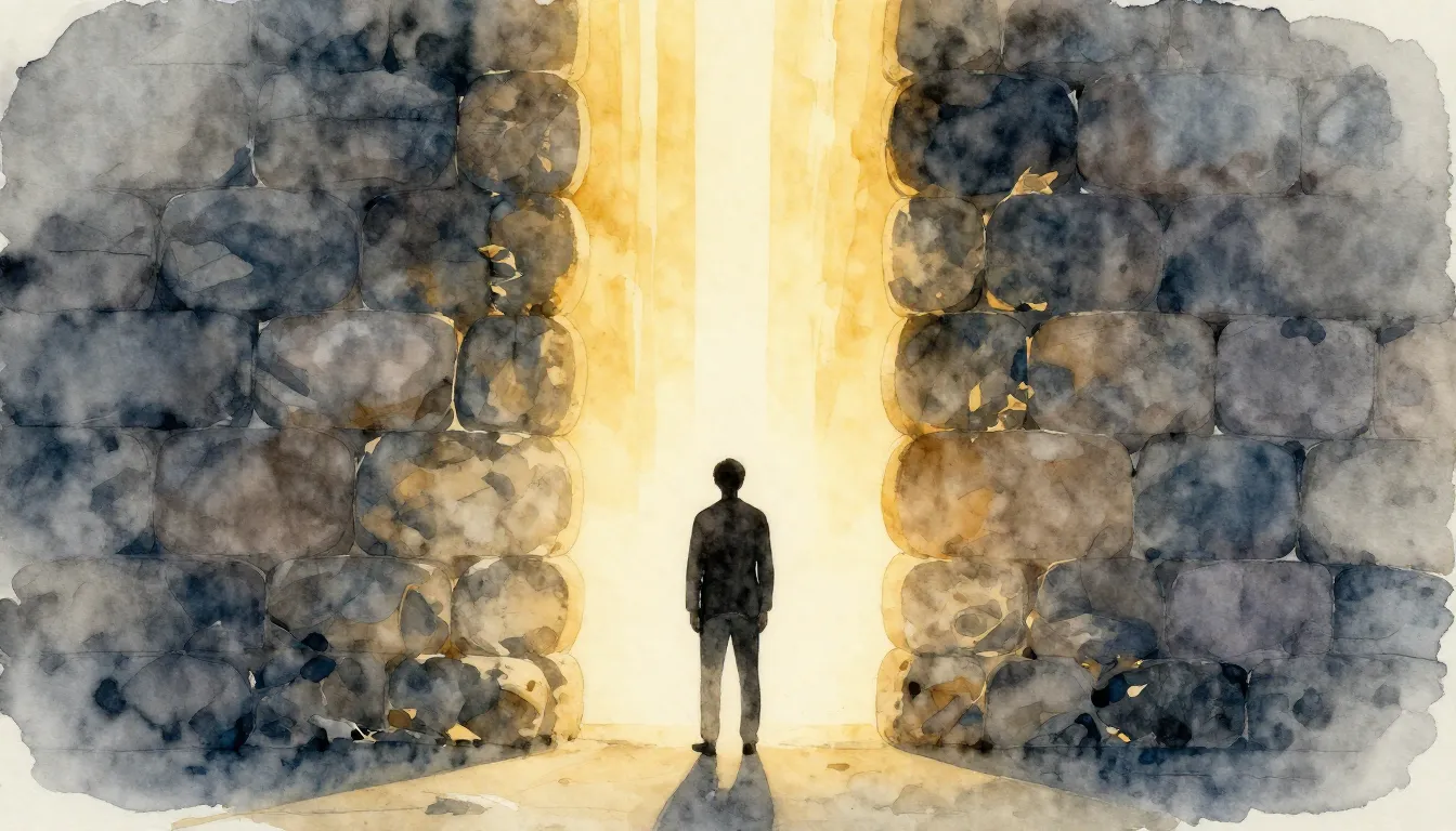 Watercolor style. A silhouette standing before a giant stone...