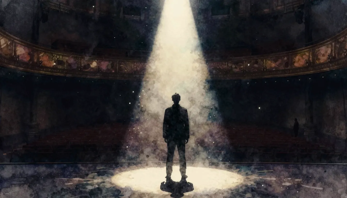 Watercolor style. A silhouette stands on a stage under a bri...