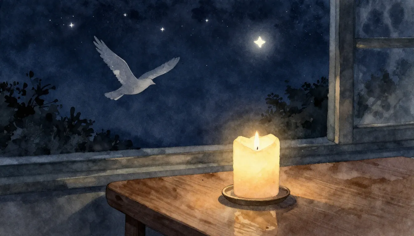 Watercolor style. A single glowing candle on a wooden table,...