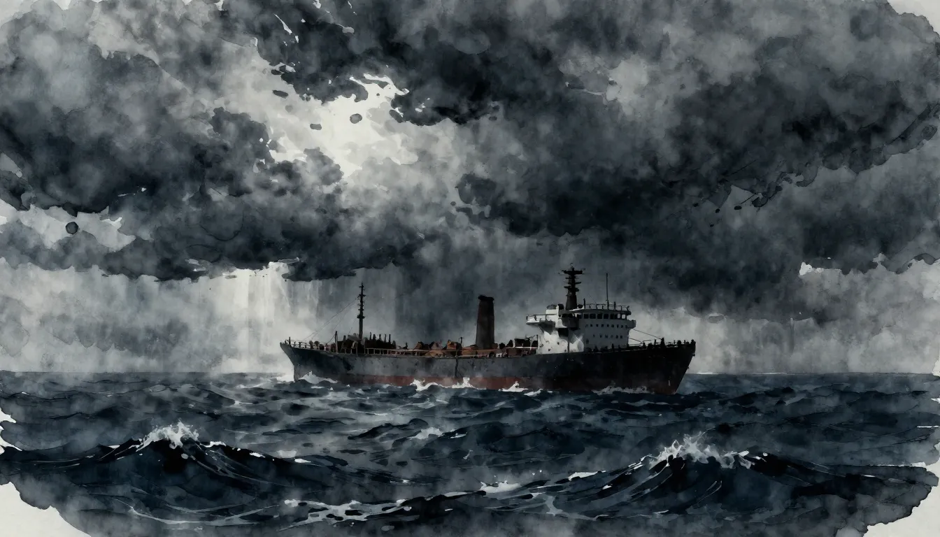Watercolor style. Dark stormy ocean, deep abyss, heavy cloud...