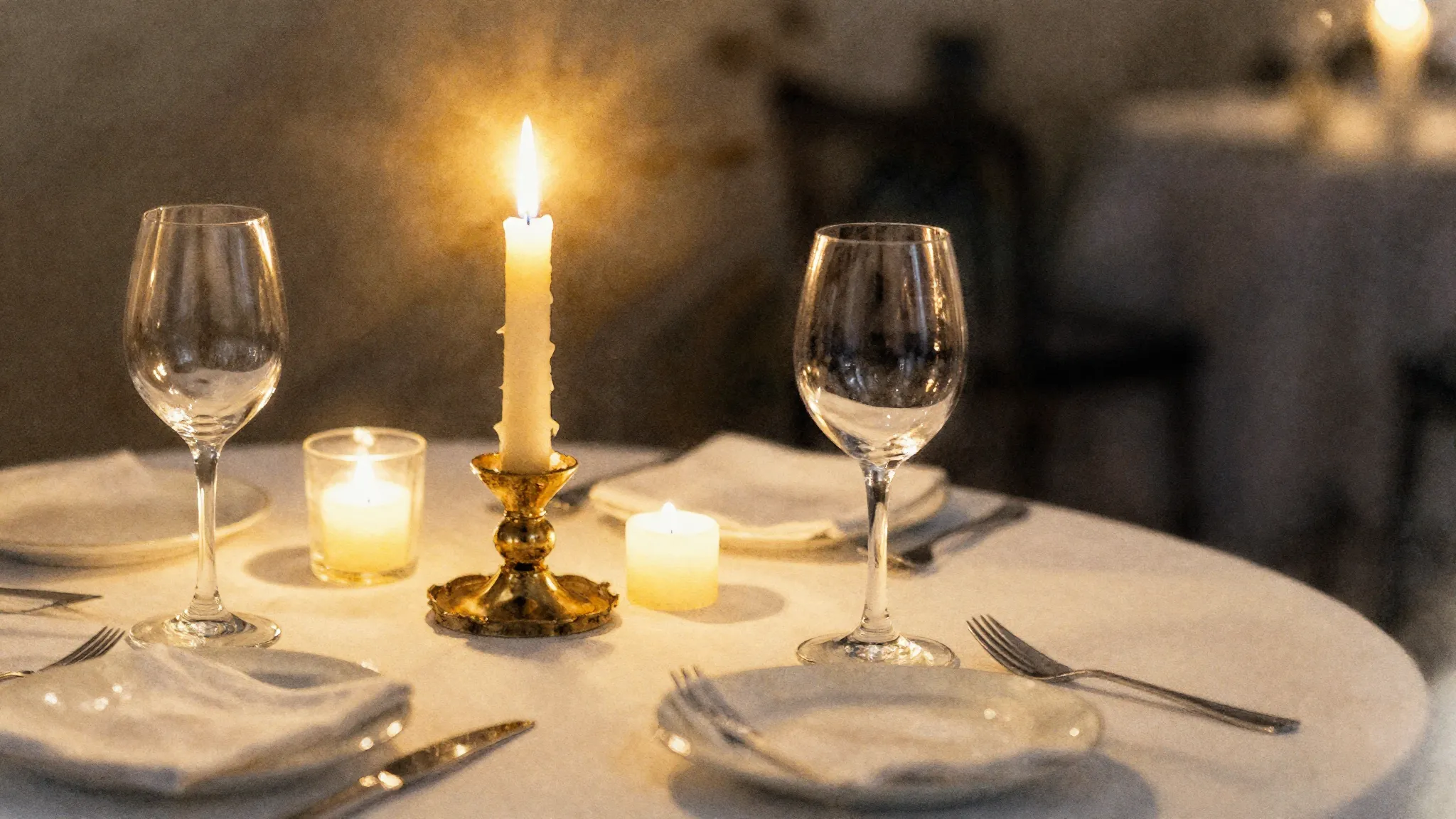 Watercolor style. Elegant dinner table, burning candles, two...
