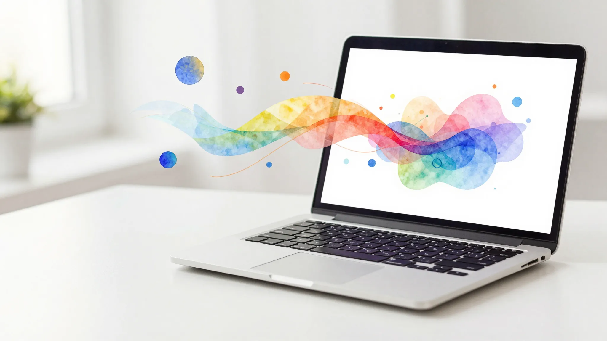 Watercolor style. A sleek, modern laptop on a clean desk. Fr...