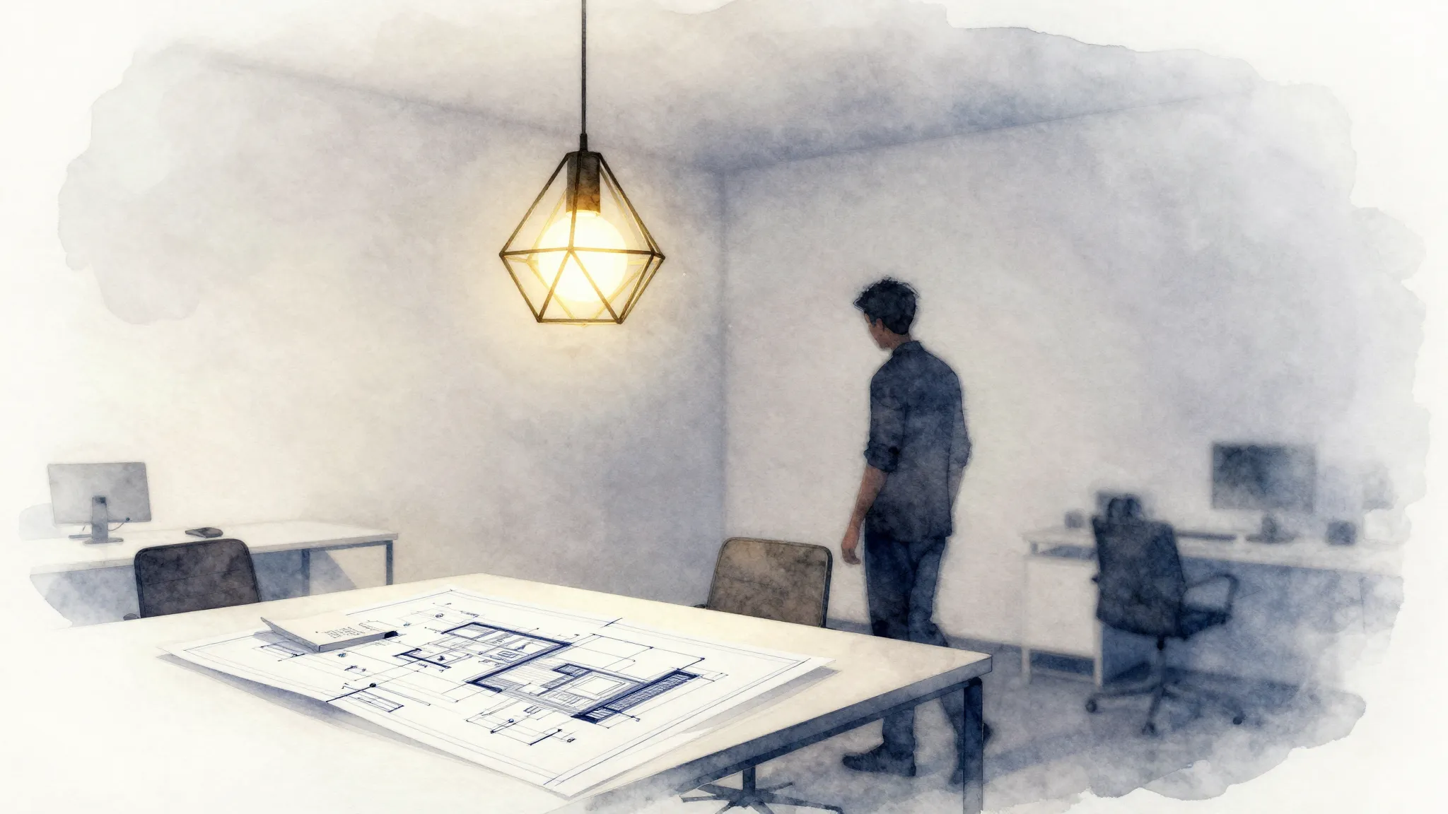 Watercolor style. Modern minimalist office interior, abstrac...