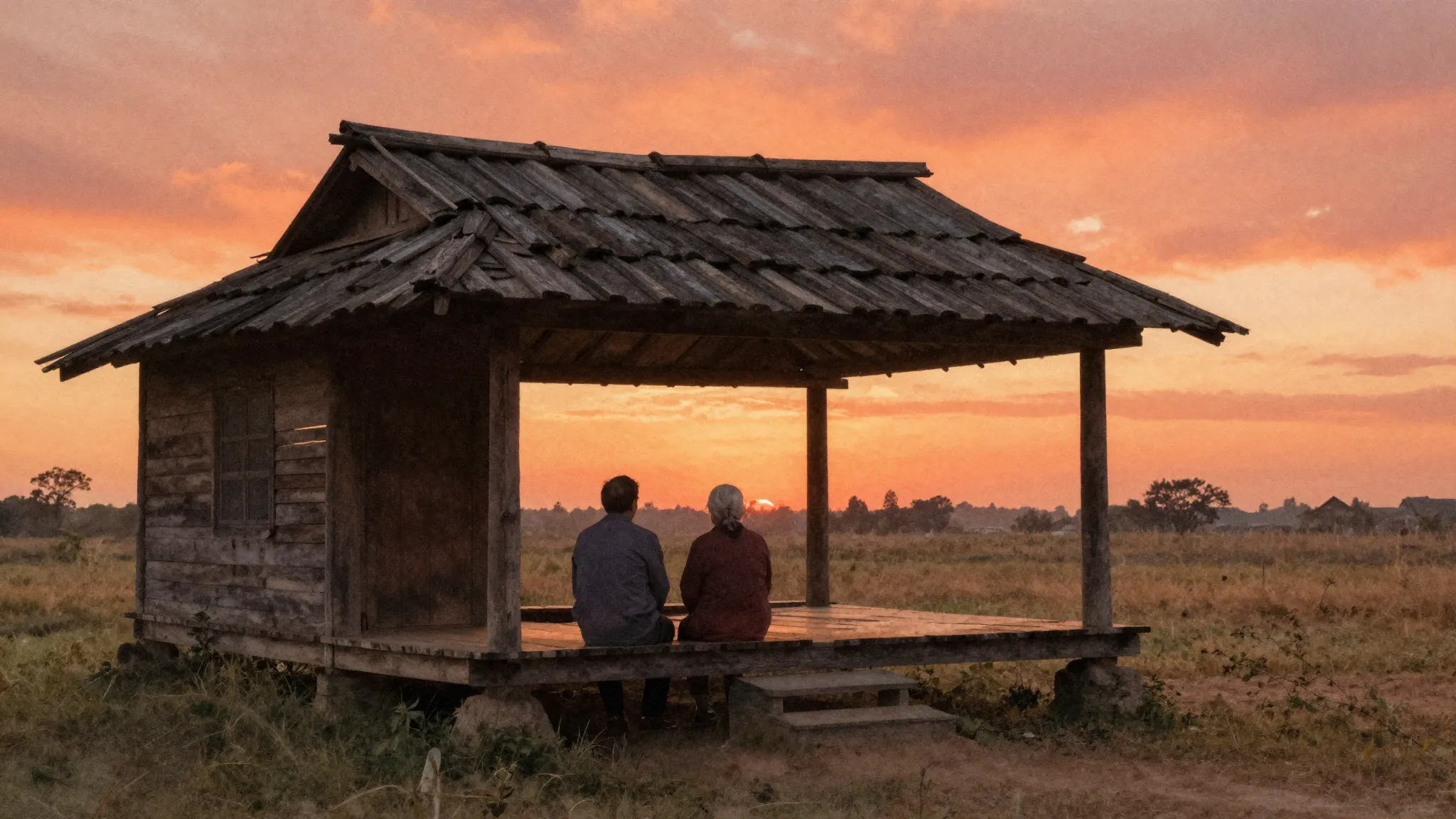 Watercolor style. Silhouette of an elderly couple sitting on...
