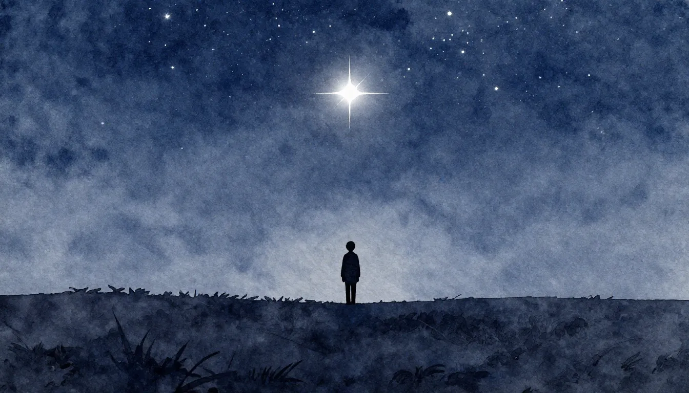 Watercolor style. A lonely silhouette of a small figure stan...