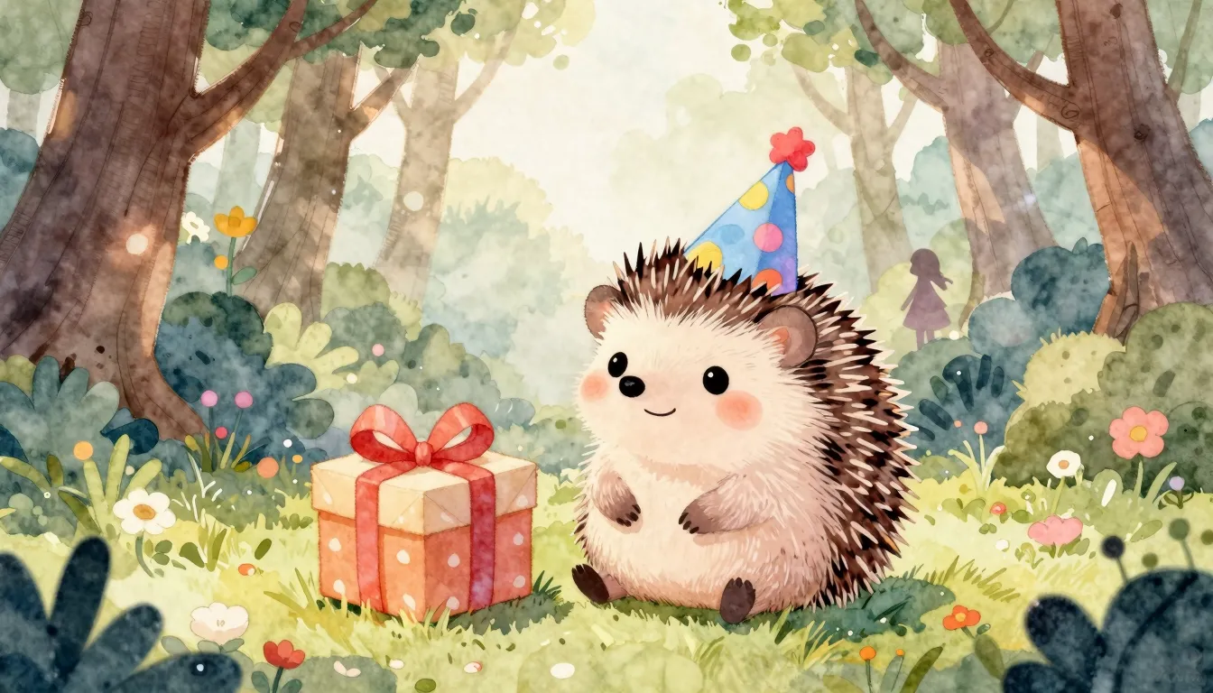 Watercolor style. A cute little hedgehog in a festive party ...