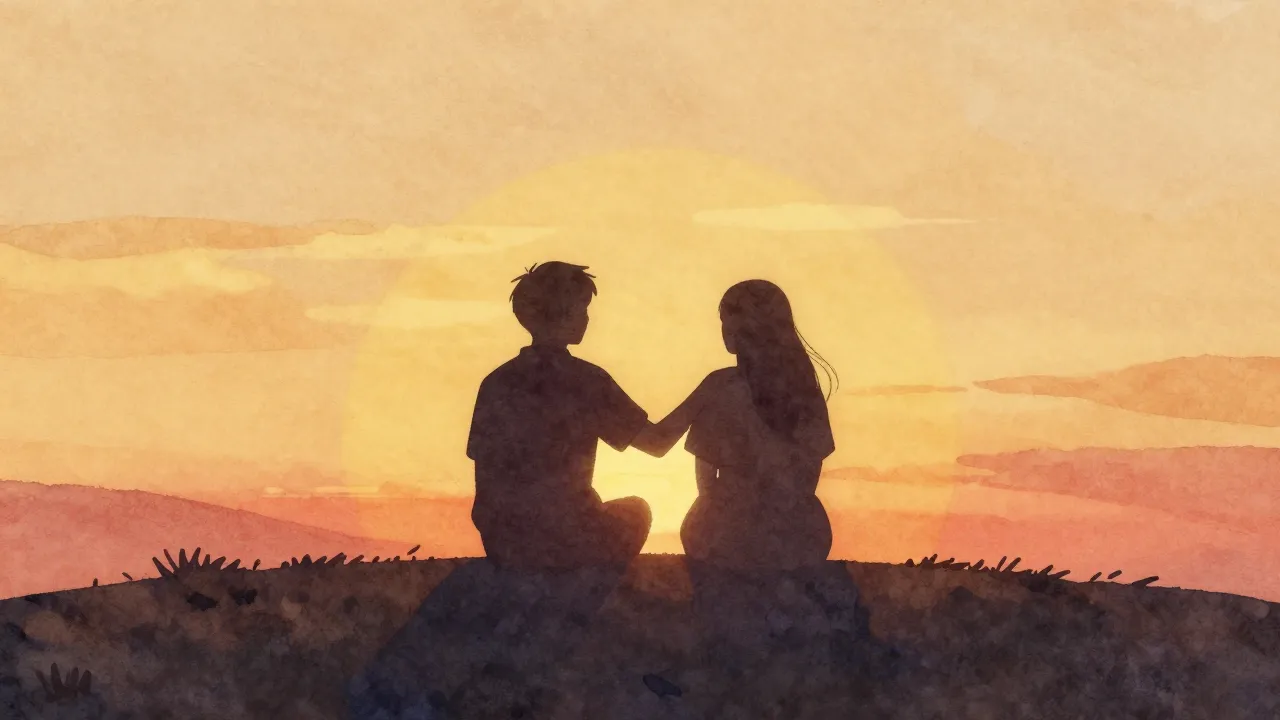 Vibrant watercolor style. A simple, warm illustration of two...