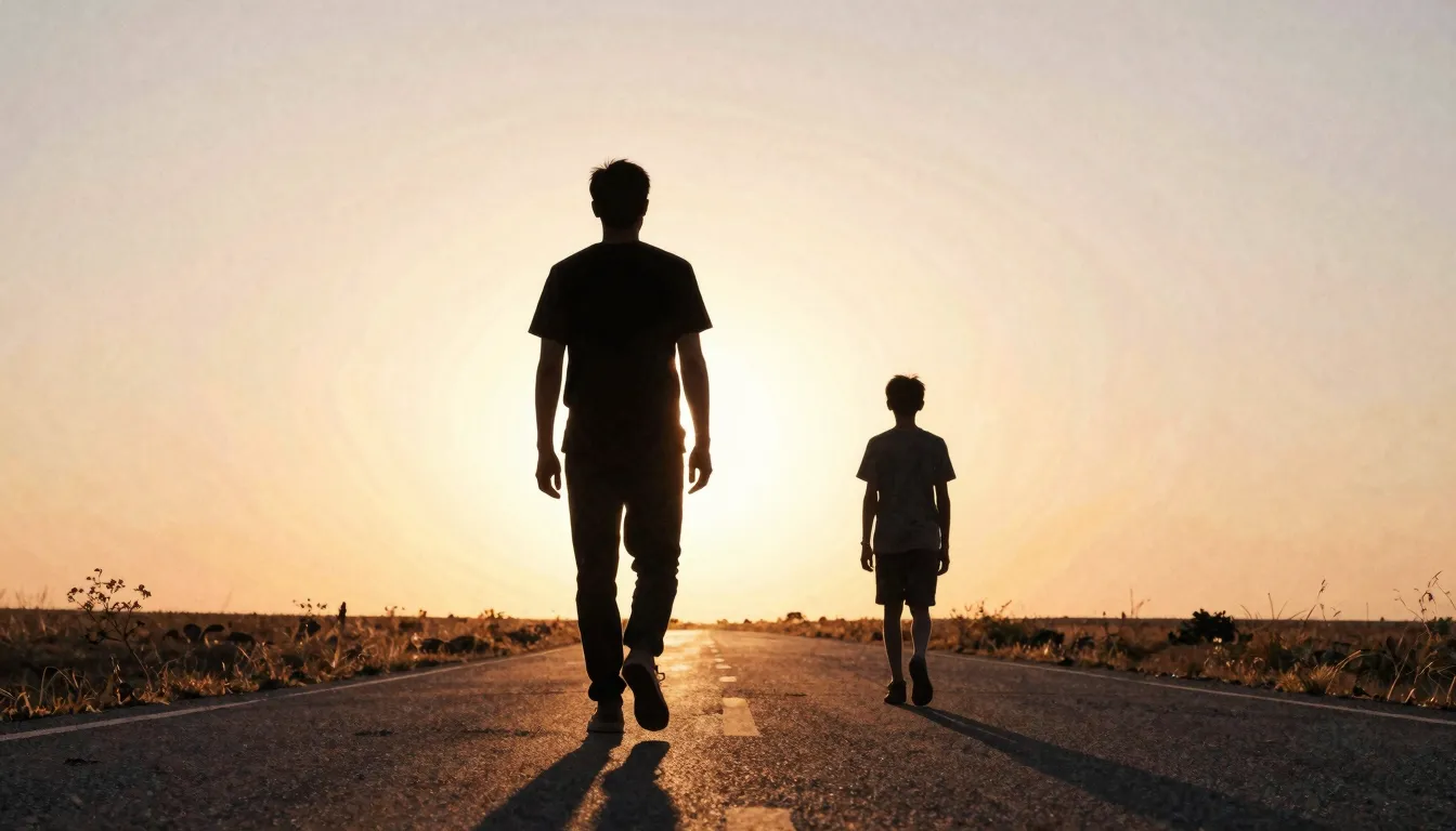 Watercolor style. A silhouette of a tall man and a young man...