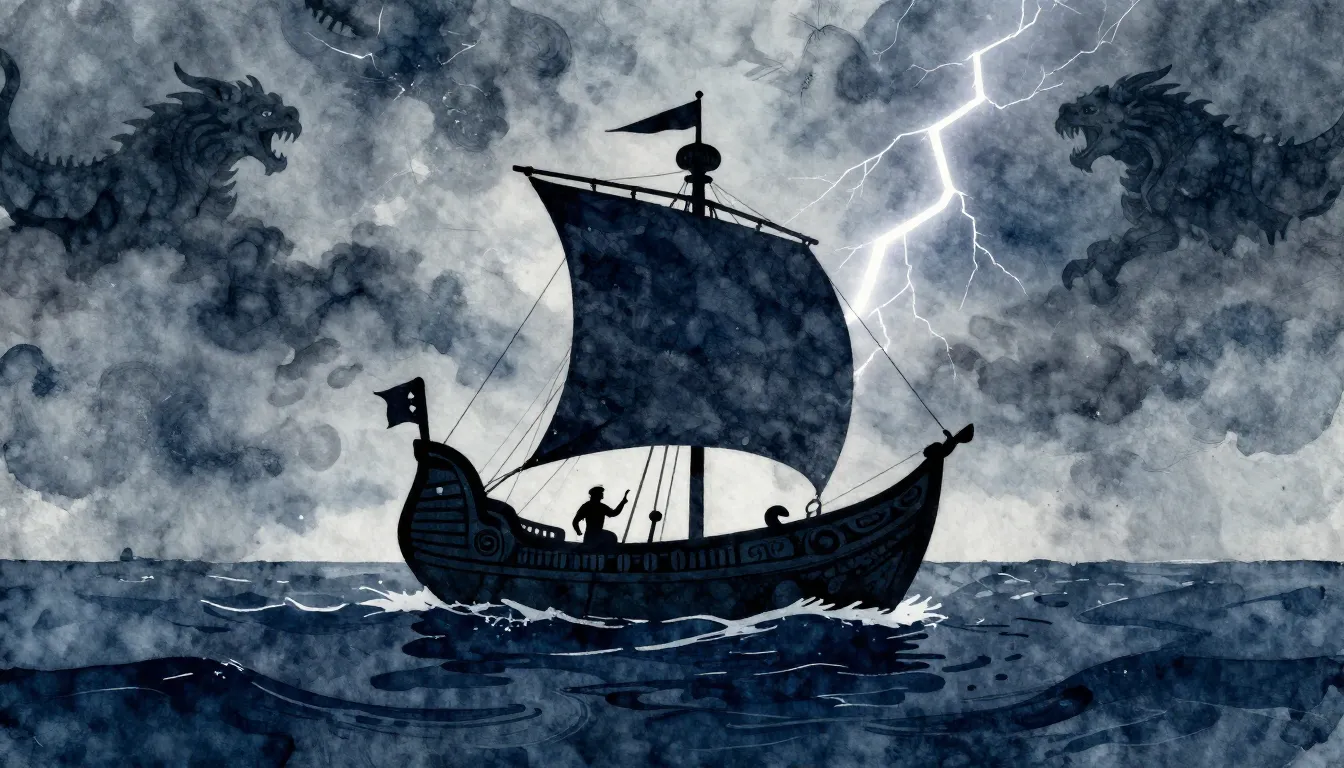 Watercolor style. A lone ancient Greek ship sailing on a sto...