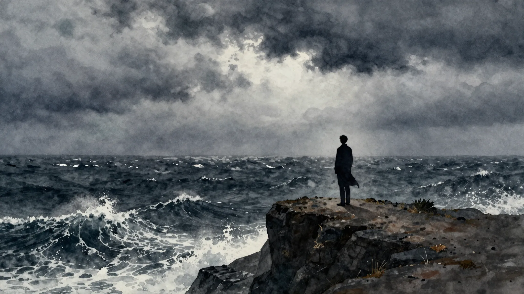 Watercolor style. A solitary silhouette stands on a cliff ed...