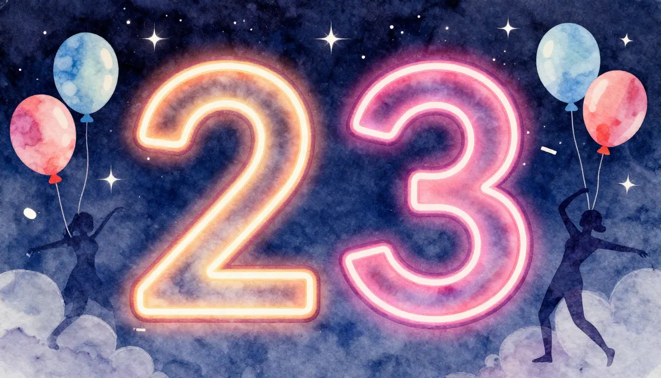 Watercolor style. Bright neon lights forming the number 23, ...