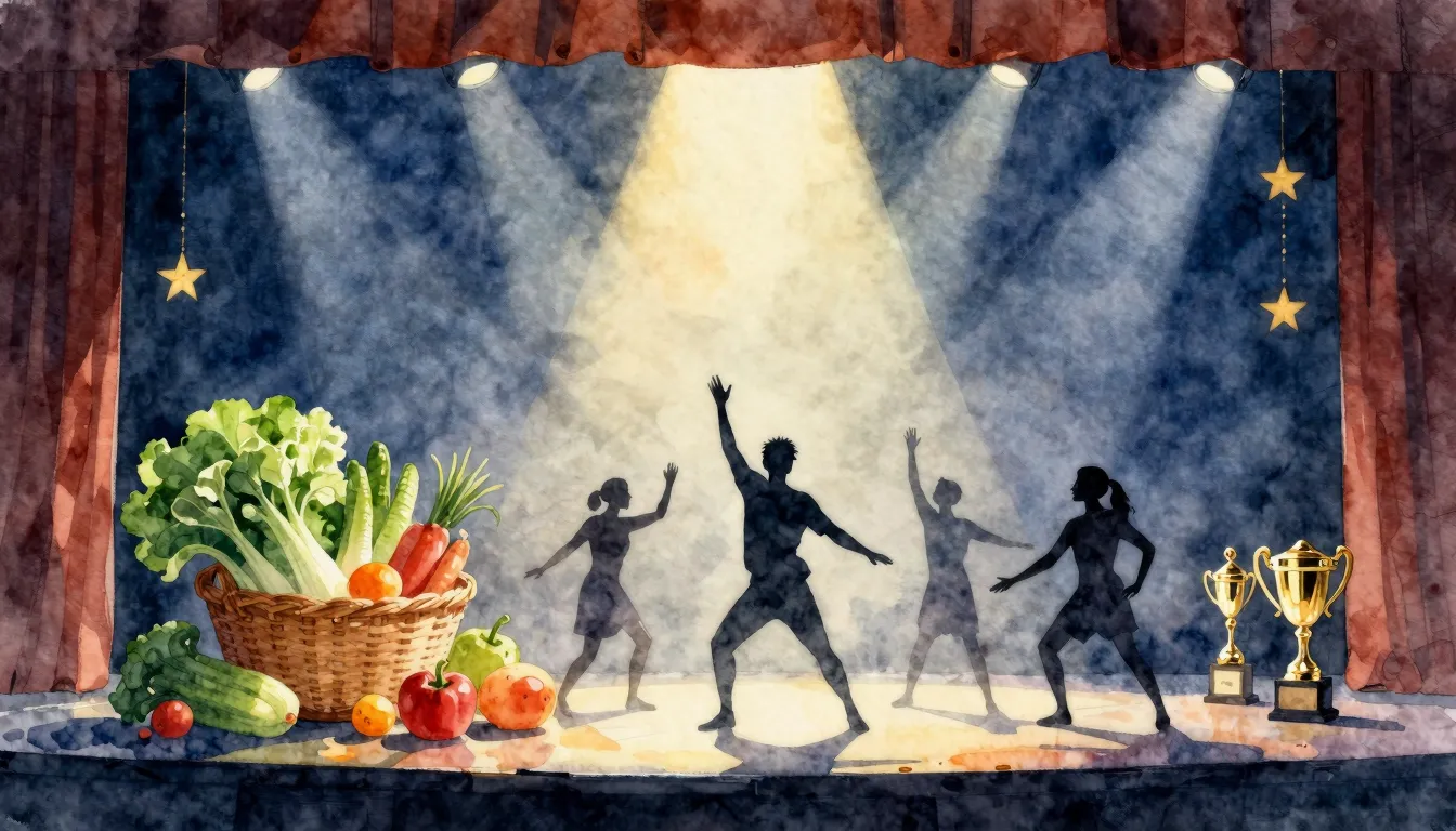 Watercolor style. A theatrical stage with a spotlight, silho...