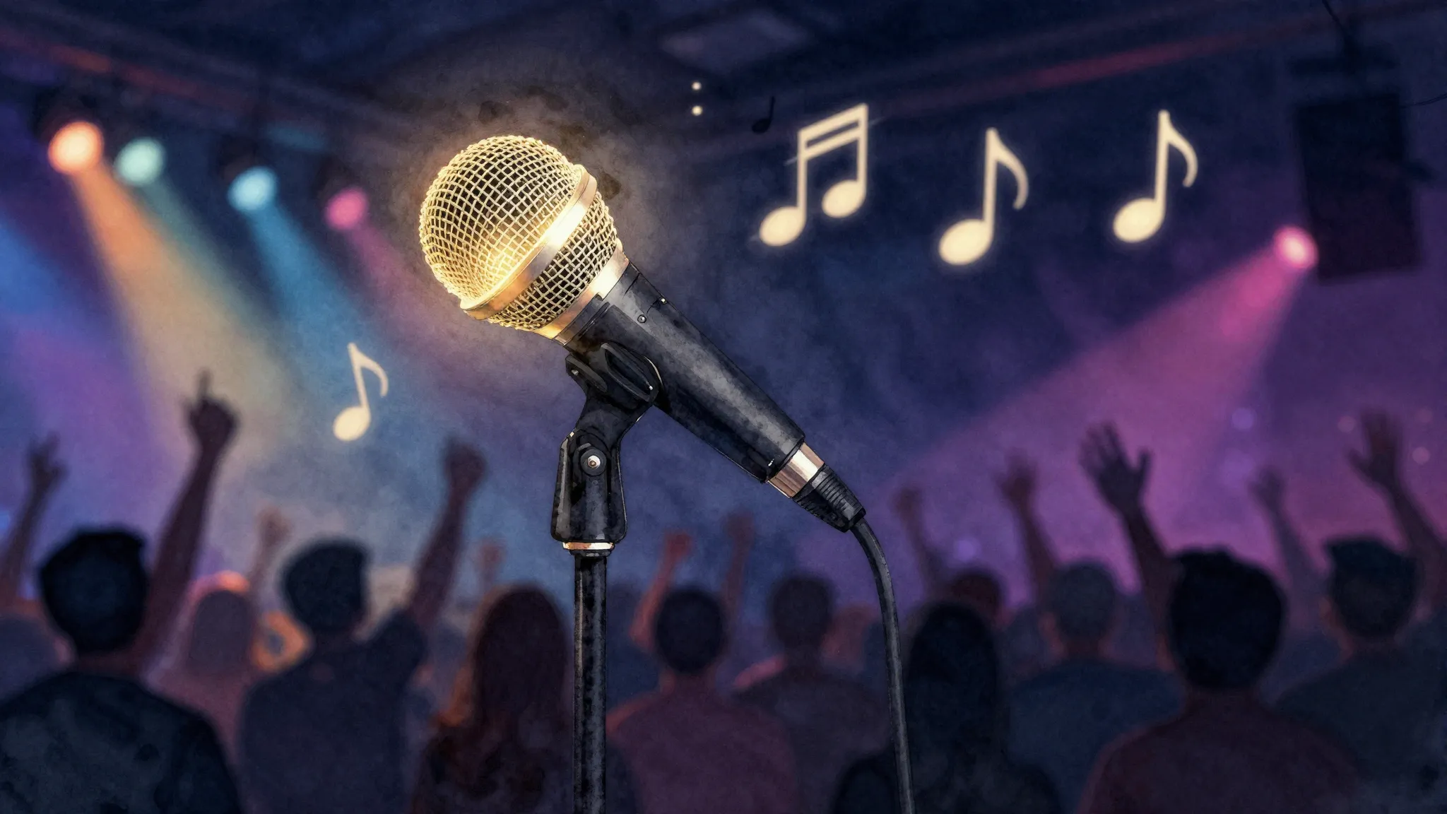 Watercolor style. Glowing microphone on a stand in a dark ro...