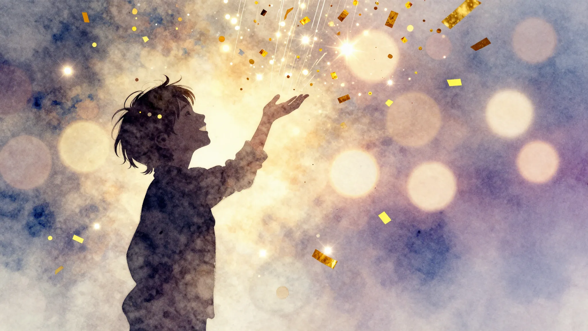 Watercolor style. A silhouette of a happy person standing un...
