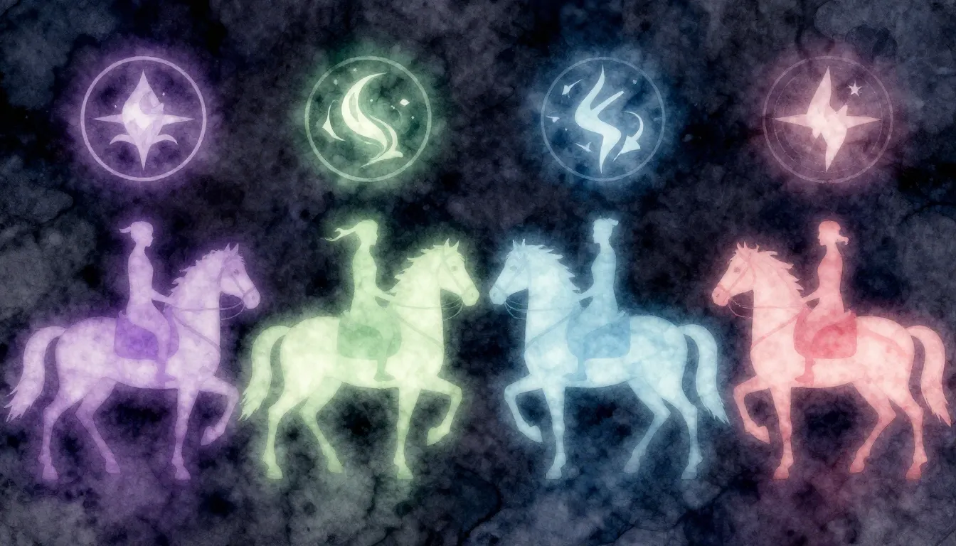 Watercolor style. Four mystical silhouettes of riders on hor...