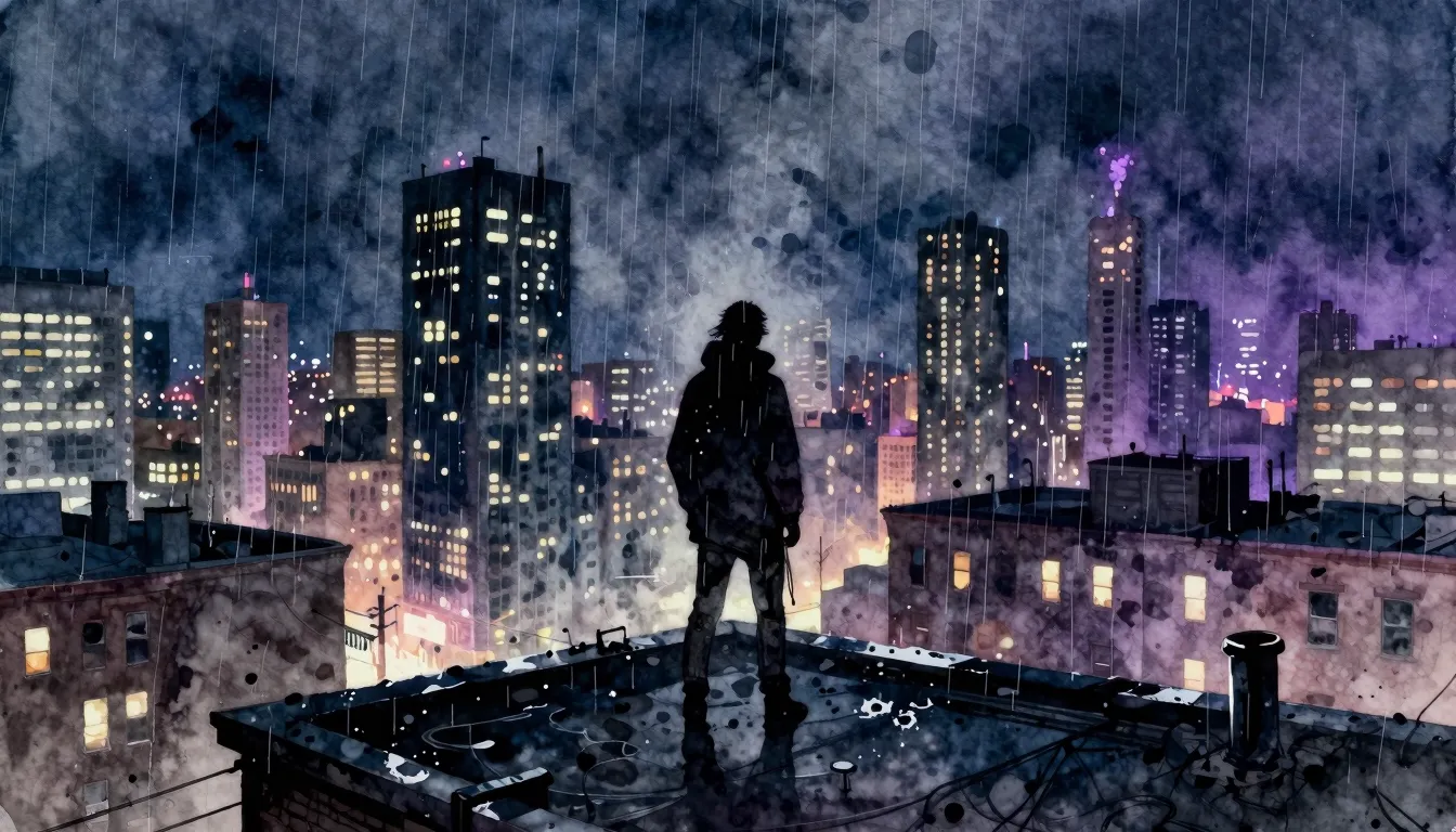 Vibrant watercolor style. A dark, gritty hip-hop album cover...