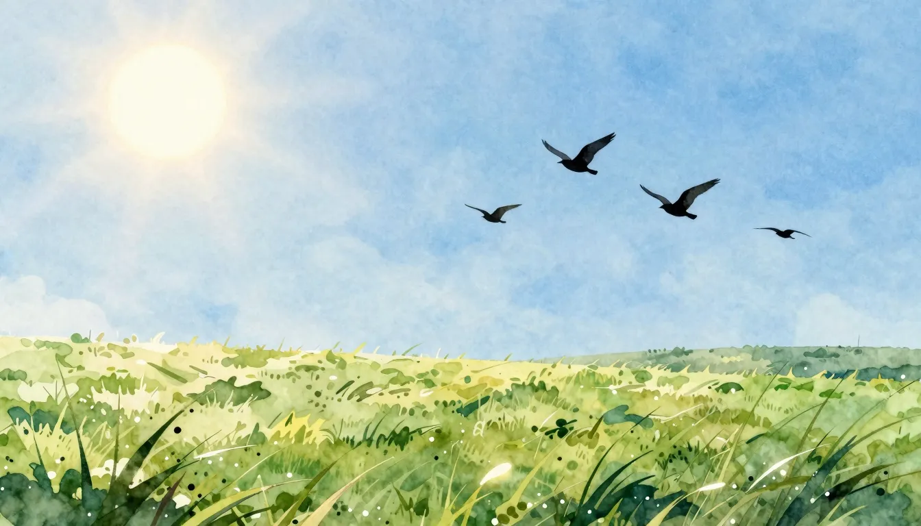 Watercolor style. A bright sun shining in a clear blue sky o...