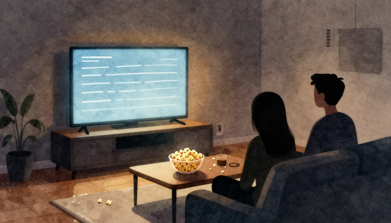 Watercolor style. Cozy dark living room, glowing TV screen w...