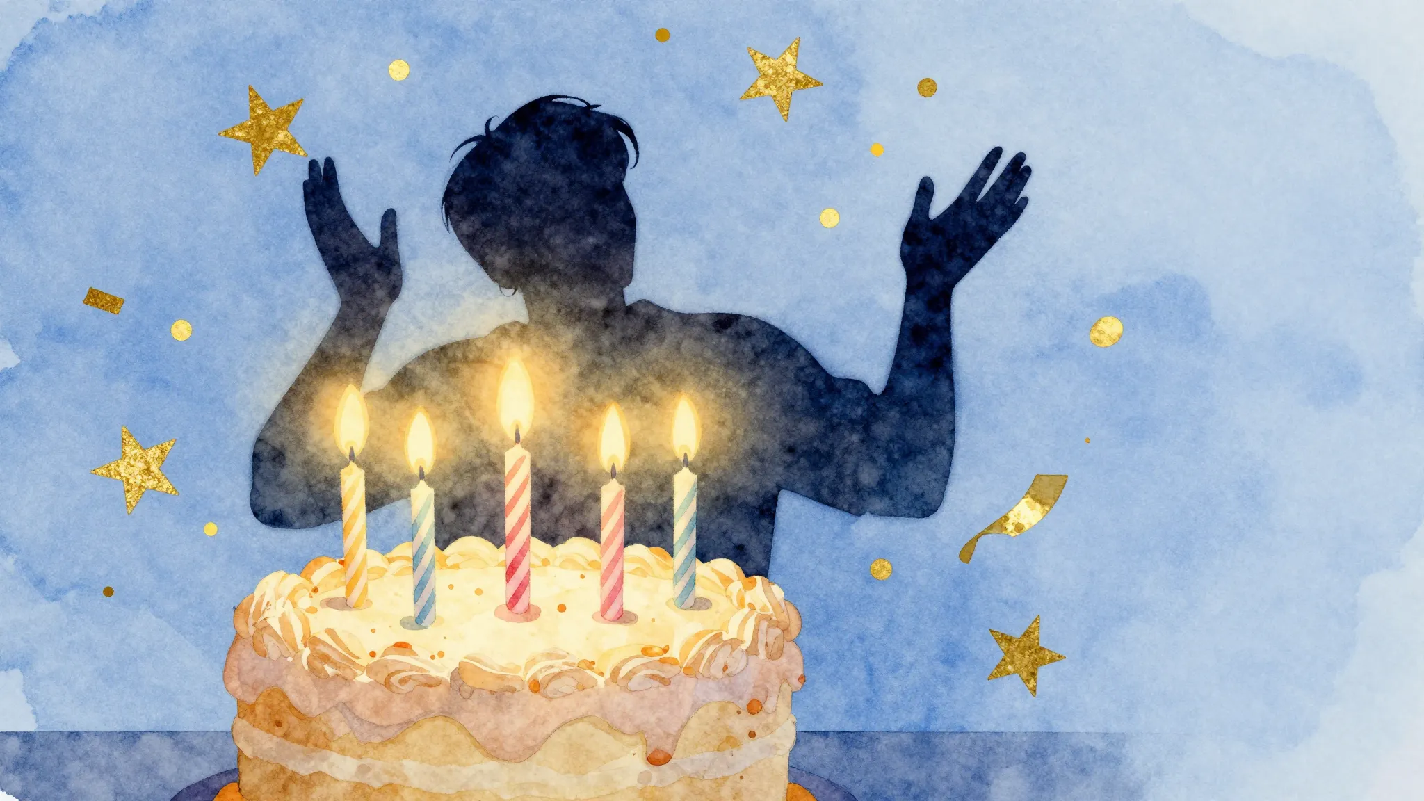 Watercolor style. A festive birthday cake with glowing candl...
