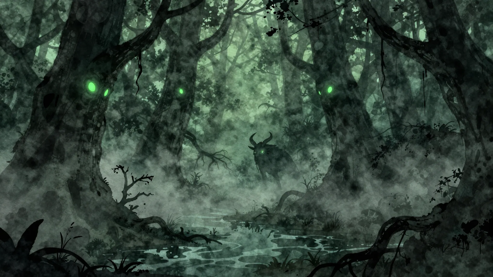 Watercolor style. Dark dense forest at night, glowing green ...