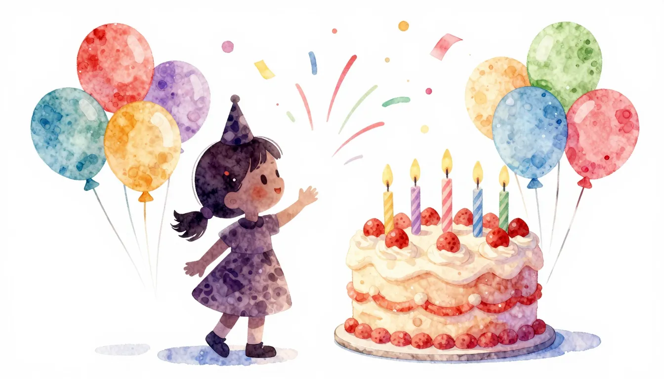 Watercolor style. A bright birthday scene with a silhouette ...