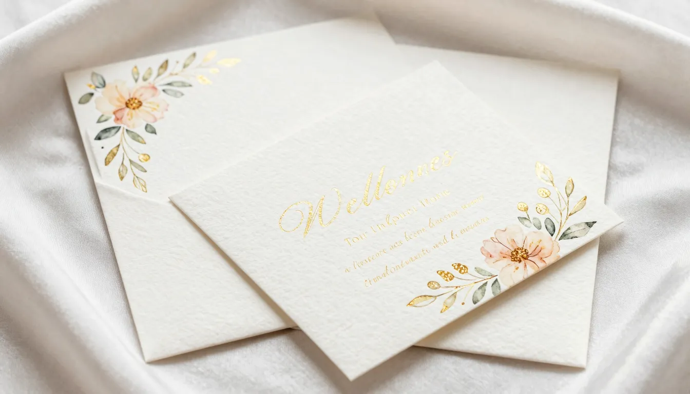 Watercolor style. Elegant wedding invitations with gold foil...