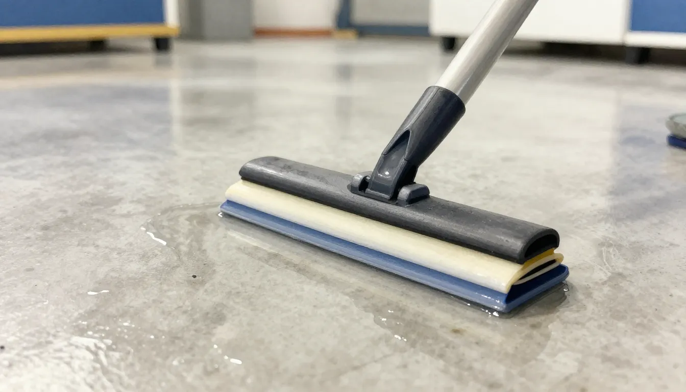 Watercolor style. Close-up of a rubber squeegee clearing wat...