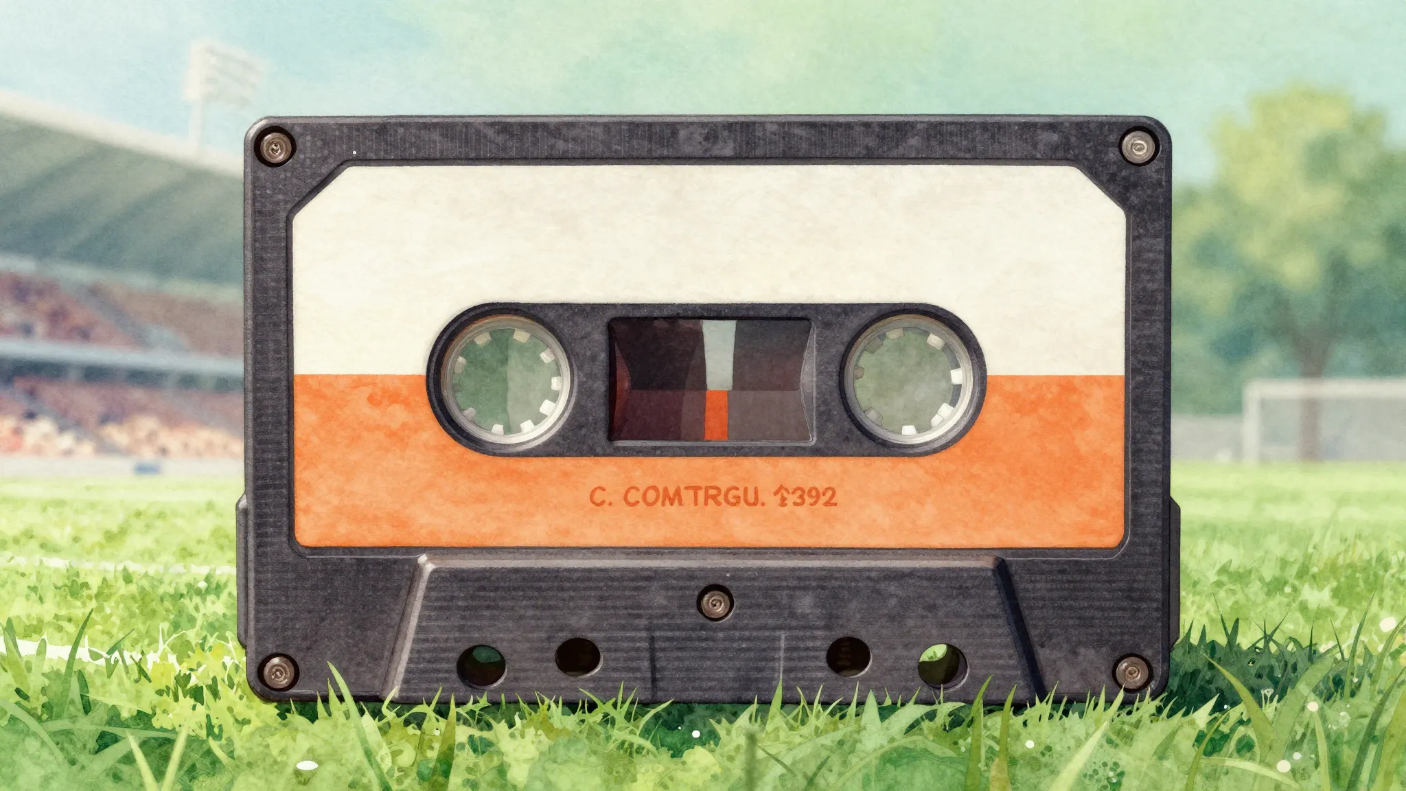 Vibrant watercolor style. Retro cassette tape, green stadium...