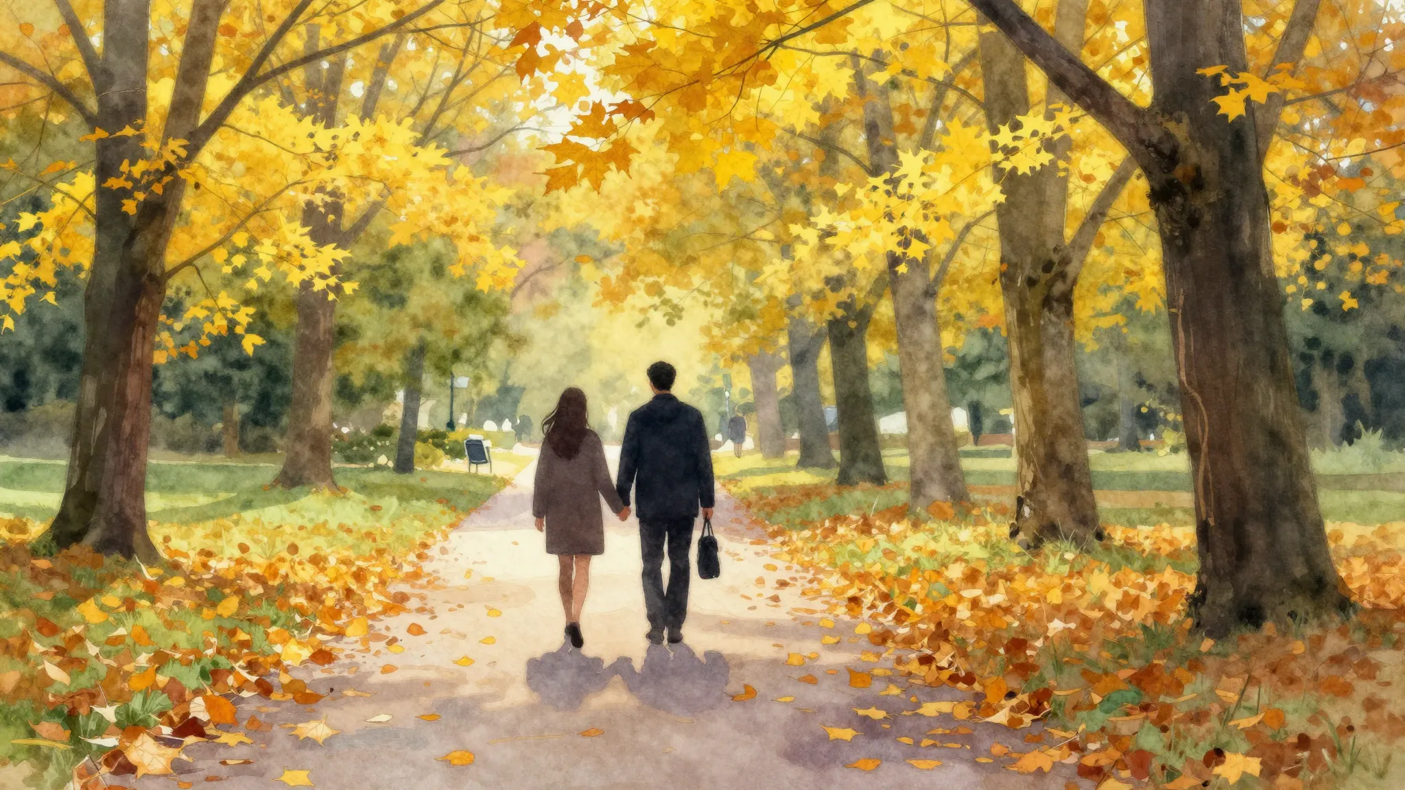 Vibrant watercolor style. Autumn park path, fallen yellow le...