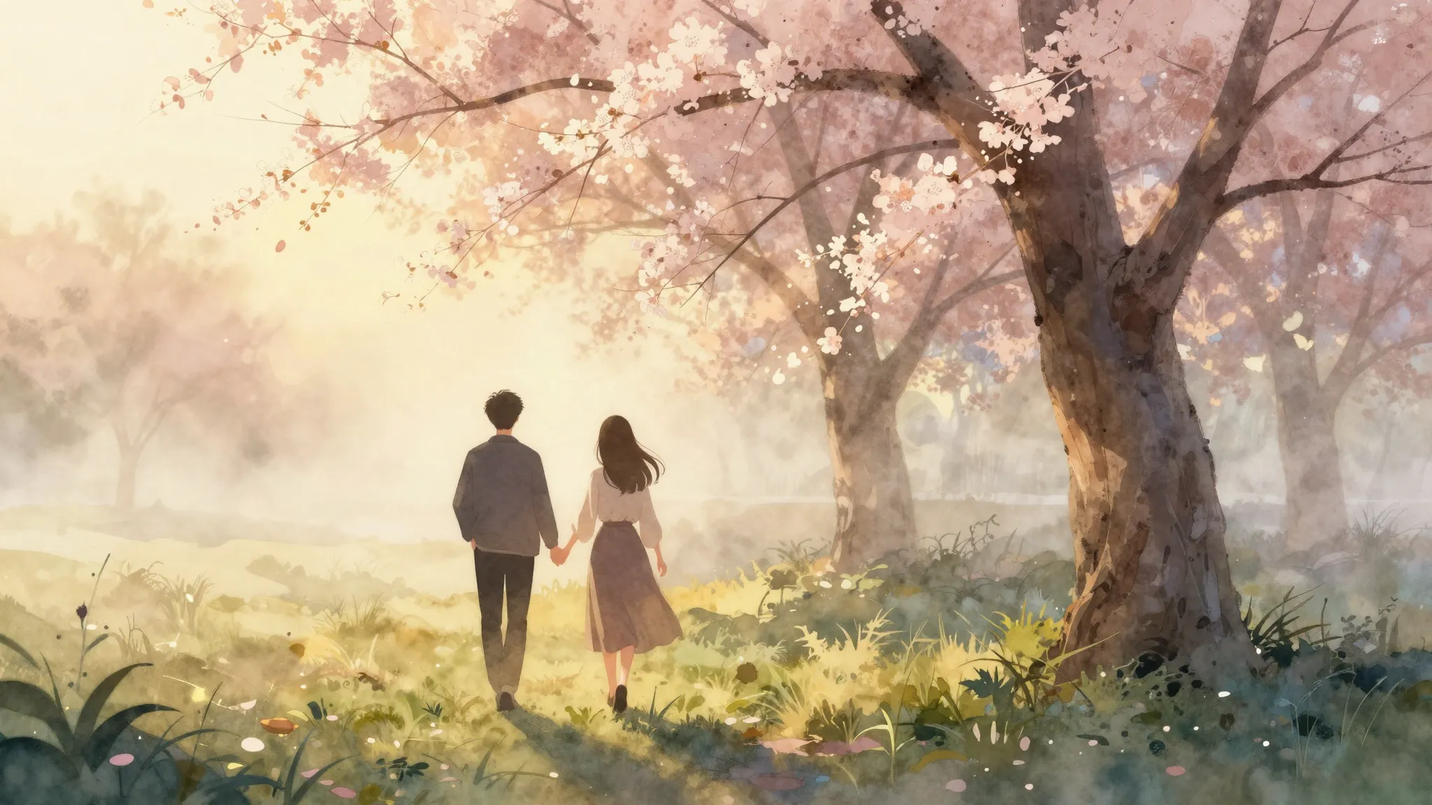 Watercolor style. A gentle silhouette of a young couple walk...