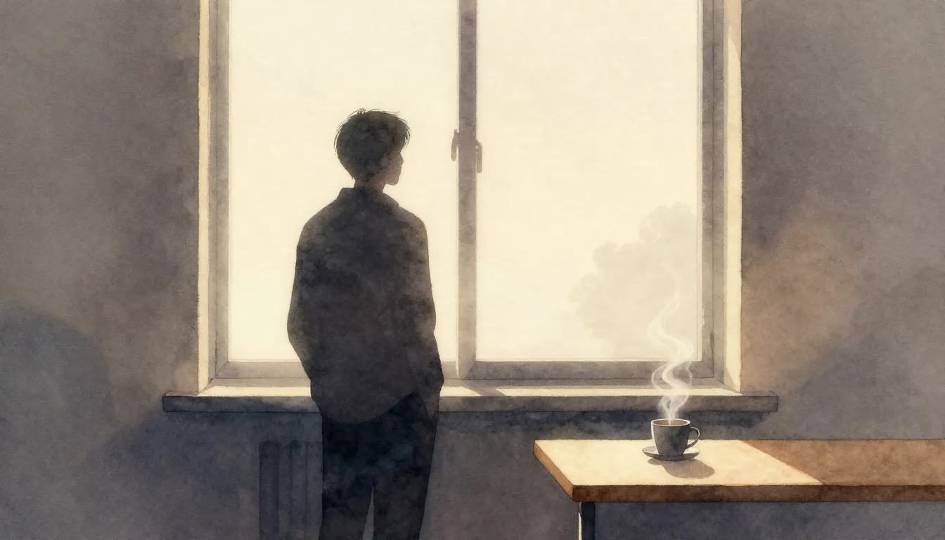 Watercolor style. A silhouette of a person standing by a lar...