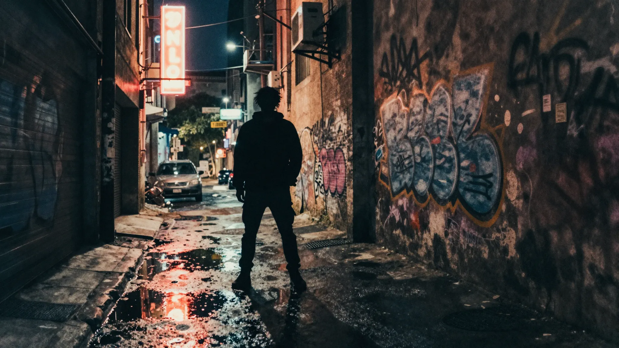 Watercolor style. Dark urban alleyway at night, neon lights ...