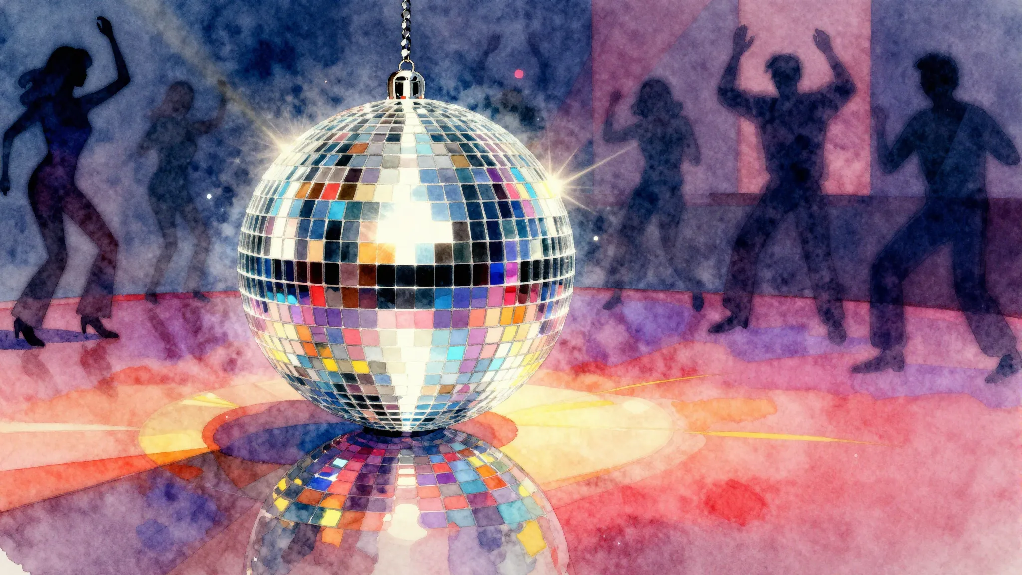 Watercolor style. A glowing disco ball in the center of a vi...