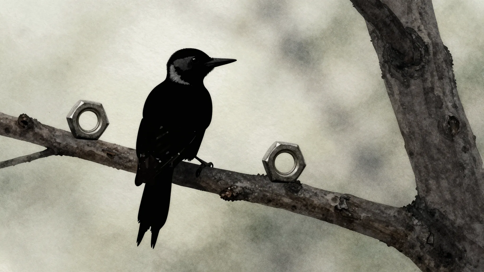 Watercolor style. Silhouette of a woodpecker sitting on a tr...