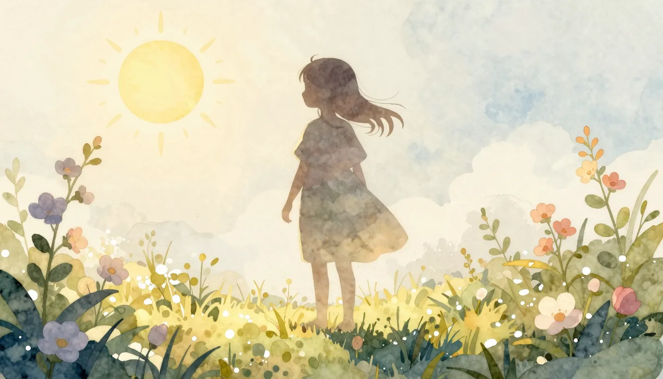 Watercolor style. A silhouette of a young girl standing in a...