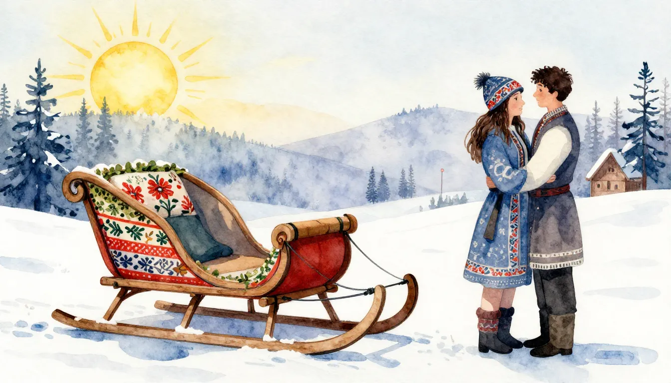 Watercolor style. A festive winter scene with a decorated wo...