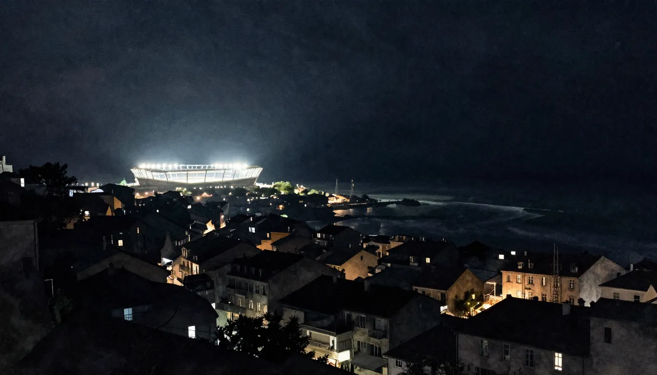 Watercolor style. Dark silhouette of a small coastal town at...